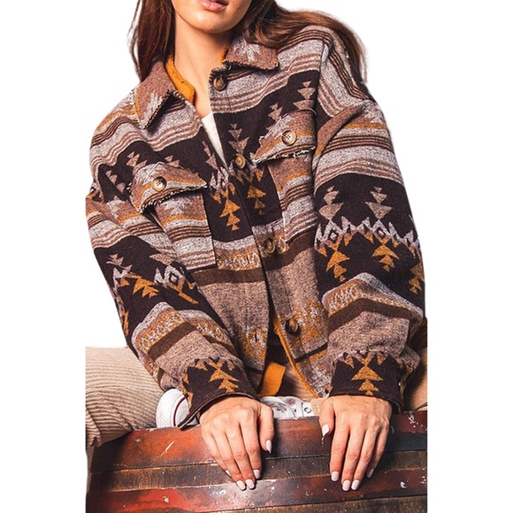 New! Cozy Western Aztec Oversized Jacket | Distressed Detail - Picture 2 of 5